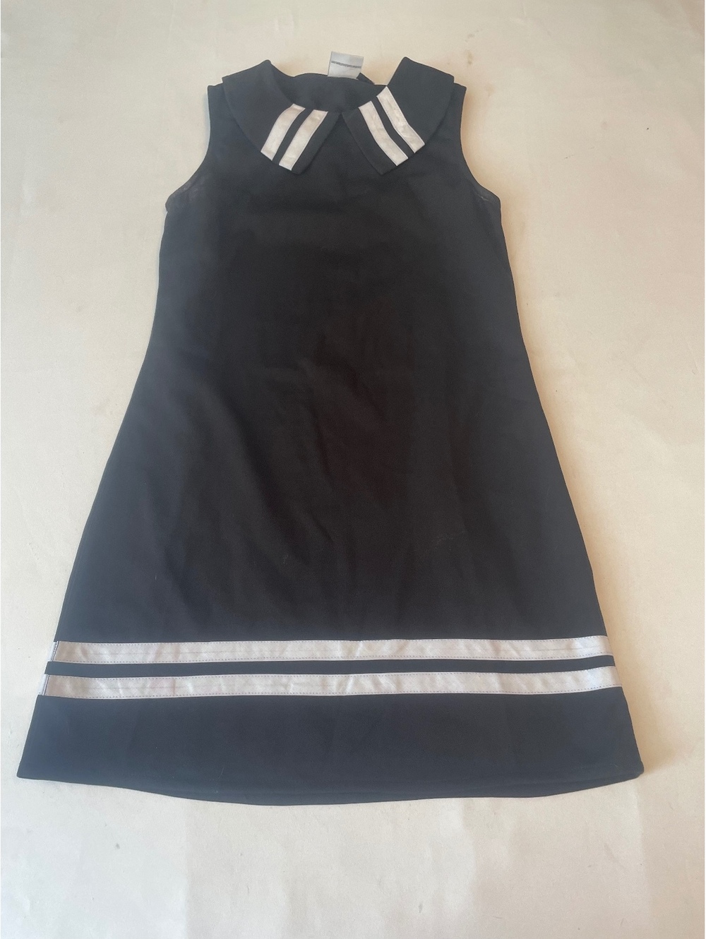 Love Her Madly Black Sleeveless Dress with White Striped Collar and Hem Size UK